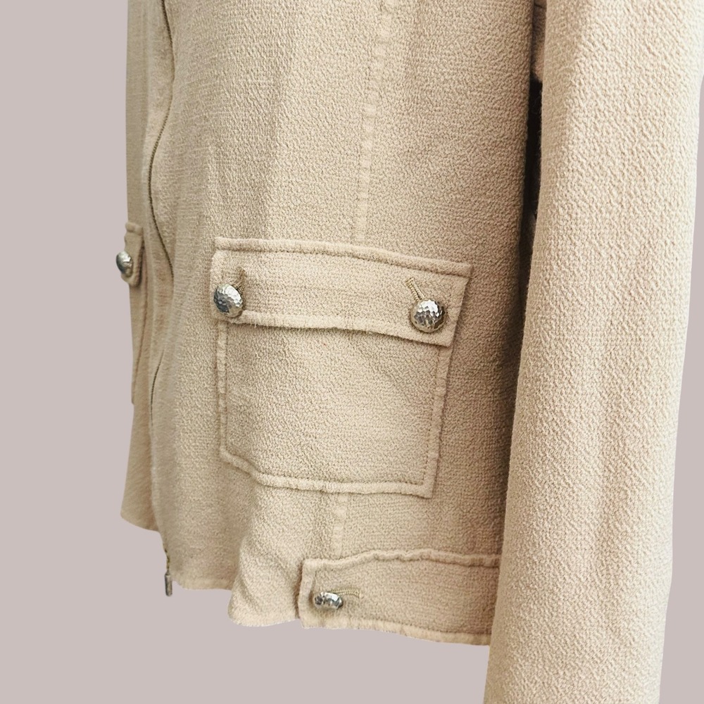 St. John Sewn By Hand Beige Full Zip 100% Wool Cardigan Jacket Lightwt sz 16 - Picture 4 of 9